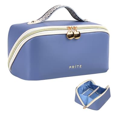 Prite Makeup Bag for Women Travel Waterproof Vegan Leather Cosmetic Bag Open Flat Toiletry Bag With Clear Divider and Handle (Blue) - Image 1
