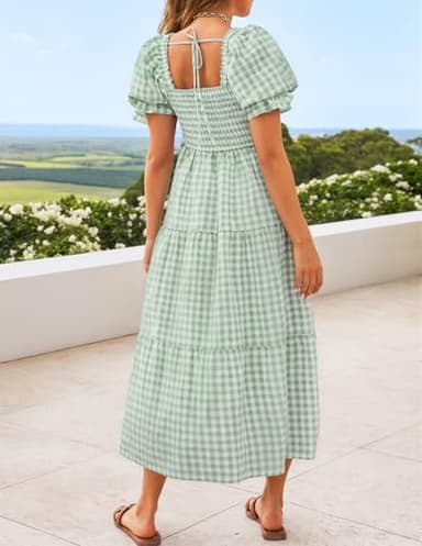 ZESICA Women's 2025 Bohemian Summer Plaid Square Neck Puff Sleeve Ruffle Flowy Beach Midi Dress,Green,Large - Image 3