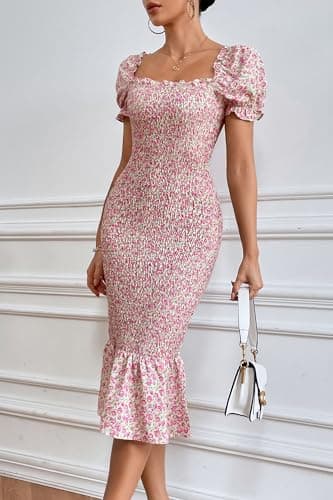 PRETTYGARDEN Summer Floral Bodycon Midi Dresses 2025 Puff Sleeve Mermaid Cocktail Baby Shower Photoshoot Maternity Dress (Pink,Medium) - Image 5