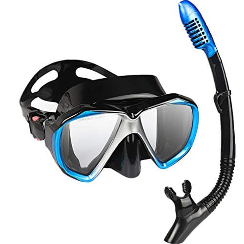 Adult Snorkel Set, Professional Snorkeling Gear Panoramic Anti-Fog Diving Goggles and Dry Snorkel Tempered Glass Scuba Mask for Diving, Snorkeling and Swimming (Blue-Silver Set) - Image 1