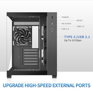MUSETEX ATX PC Case, 3 x 120mm Fans Pre-Installed, 360MM RAD Support, 270° Full View Tempered Glass Gaming PC Case with Type-C, Mid Tower ATX Computer Case, Black, Y6 - Image 3