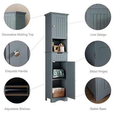 ChooChoo 67" Tall Bathroom Storage Cabinet Freestanding with Adjustable Shelves, Narrow Storage Linen Cabinet with 2 Doors and 1 Drawers for Bathroom, Living Room, Kitchen, Grey - Image 7