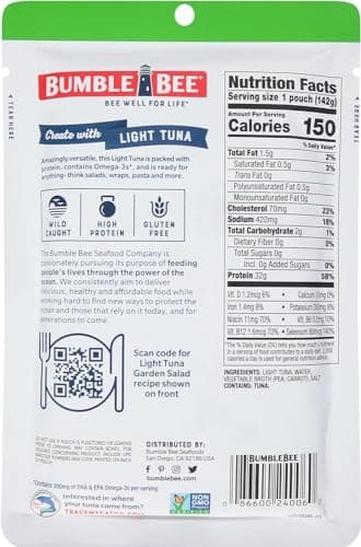 Bumble Bee Chunk Light Tuna in Water, 5 oz Pouches (Pack of 12) - Ready to Eat Wild Caught Skipjack Tuna Packet - 32g Protein per Pouch - MSC Sustainable Seafood, Non-GMO, Gluten Free, Kosher - Image 2