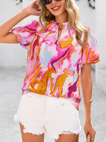 MASCOMODA Boho Short Sleeve Floral Work Blouses for Women Dressy Casual V Neck Puff Sleeve Loose Chiffon Flowy Tops Shirts(Brown Purple Floral,Large) - Image 2