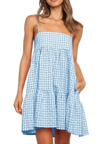 LPCBDEE Womens A-line Plaid Dresses Ruffle Hem Shoulder Straps Casual Mini Dress with Side Pocket Blue - Image 1