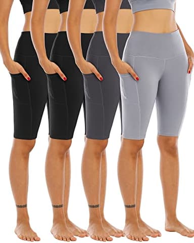 WHOUARE 4 Pack Biker Yoga Shorts with Pockets for Women,High Waisted Athletic Running Workout Gym Shorts Tummy Control,Black,Black,Dark Gray,Light Gray,XL - Image 1