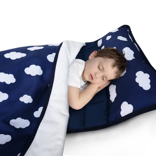 Toddler Nap Mat with Pillow and Blanket, Cot Nap Mats for Daycare Preschool Kindergarten, Lightweight Portable Travel Sleeping Bag for Kids, Super Soft & Cozy, Navy Cloud, 50" x 21" - Image 1