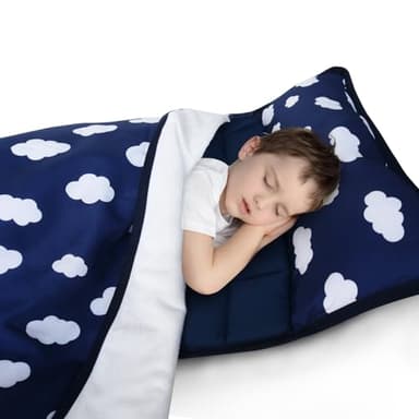 Toddler Nap Mat with Pillow and Blanket, Cot Nap Mats for Daycare Preschool Kindergarten, Lightweight Portable Travel Sleeping Bag for Kids, Super Soft & Cozy, Navy Cloud, 50" x 21" - Image 1