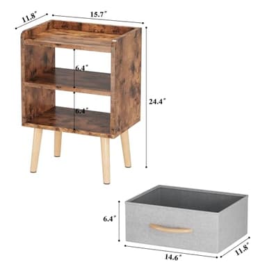 LUCKNOCK Night Stand with Drawer, Mid Century Modern Bedside Table, Sturdy Wood Nightstand with Open Storage Shelf, Small Bedside Table for Bedroom, Kids Room & Small Spaces, Rustic Brown. - Image 3