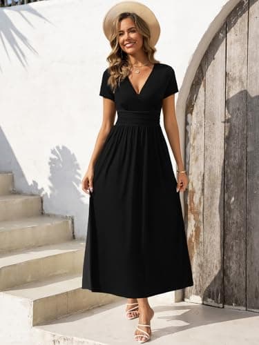 Gracyoga Women's 2025 Trendy Fall Dress Elegant Wrap Dresses for Women Curvy Smocked Vintage A Line Sundresses Vacation Outfit XL Black - Image 3
