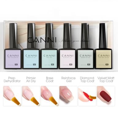 CANNI 6Pcs 9ml Hema-Free Nail Dehydrator Primer, Base Coat Reinforce Diamond Gel Top Coat and Matte Top Coat Gel Nail Polish Set, Soak Off LED Nail Gel Polish Set Nail Art Starter Manicure Salon - Image 9
