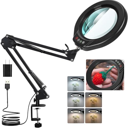Veemagni 10X Large Magnifying Glass with Light and Clamp, 5 Inch Real Glass Stand Magnifying Desk Lamp, 5 Color Modes Stepless Dimmable, Hands Free LED Lighted Magnifier for Crafts Reading Close Work - Image 1