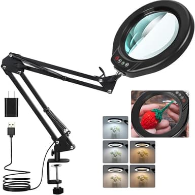 Veemagni 10X Large Magnifying Glass with Light and Clamp, 5 Inch Real Glass Stand Magnifying Desk Lamp, 5 Color Modes Stepless Dimmable, Hands Free LED Lighted Magnifier for Crafts Reading Close Work - Image 1