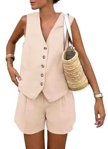 PRETTYGARDEN Summer 2 Piece Outfits Sets for Women Button Down Deep V Neck Vest Waistcoat Sleeveless Tops Shorts with Pockets (Beige,Large) - Image 1