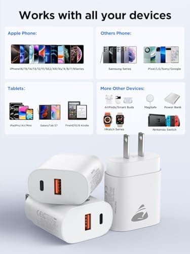 [3 Pack] USB C Charger Block Fast Charging Multiport Wall Charger, Dual Port PD Power Adapter Fast Type C Charging Block Cube Compatible with iPhone 16/15/14/13/12/11/Pro, XS/XR/X/8/7, Samsung, More - Image 6