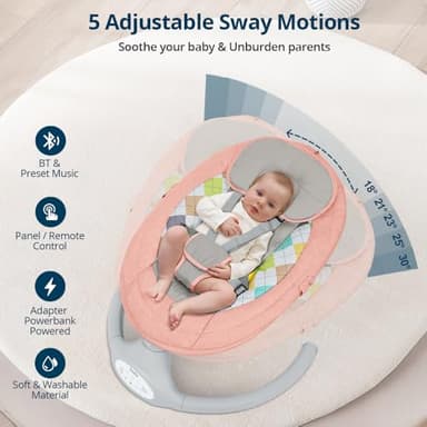 Bioby Baby Swing for Infants with 5 Natural Sway Speeds, Portable Bt Music Baby Bouncer with Remote Control & 5-Point Harness, Lightweight Baby Rocker for 5-20 Lb,0-12 Months Pink - Image 2