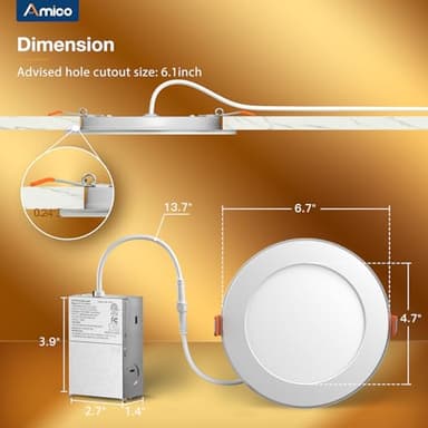 Amico 24 Pack 6 Inch 5CCT LED Recessed Ceiling Light with Night Light, 2700K/3000K/3500K/4000K/5000K Selectable Ultra-Thin Recessed Lighting, 12W=110W, 1100LM, Dimmable Canless Wafer Downlight ETL&FCC - Image 5