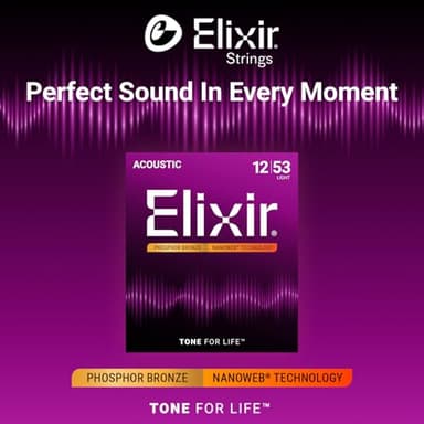 Elixir Strings, Acoustic Guitar Strings, Phosphor Bronze with NANOWEB Coating, Longest-Lasting Rich and Full Tone with Comfortable Feel, 6 String Set, Light 12-53 - Image 3