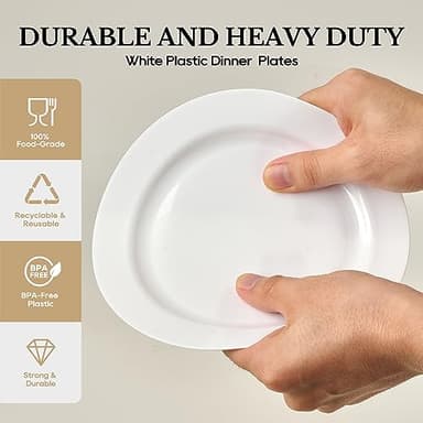 FOCUSLINE 100 Count White Plastic Plates 10 Inch, Disposable Heavy Duty Dinner Plates- Premium Hard Plastic Plates Fancy Disposable White Plates for Weddings, Parties and Events - Image 3