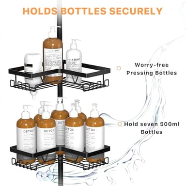 KEGII Corner Shower Caddy Tension Pole - Shower Tension Rod Organizer, Floor to Ceiling Shower Caddy 25-114.2 inch, Towel Rack Corner Waterproof, Black - Image 4