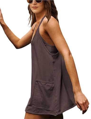 GTLIAE Summer Dress for Women 2025 Hot Shot Mini Romper Dresses Athletic Spaghetti Strap Tennis Dress Built in Shorts(DarkCoffee-S) - Image 3