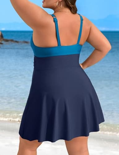 Charmo Women Plus Size Swim Dress Swimsuit Scallop Trim One Piece Tummy Control Bathing Suits Modest Tie Knot Swim Suits Navy Blue 1X - Image 2