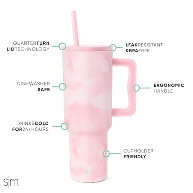 Simple Modern 40 oz Trek Tumbler with Handle and Straw Lid | Cup Holder Friendly Insulated Stainless Steel Travel Mug | Blush Tie Dye - Image 2