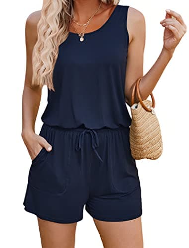ADOME Shorts Romper for Women Summer Casual One Piece Jumpsuits with Pockets with Pockets Navy Blue M - Image 1