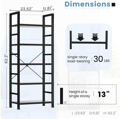 DUMOS 5 Tiers Bookshelf, Classical Book Shelf, Tall Display Shelves in Living Room/Home/Office, Storage Organizer for CDs/Books/Movies, Modern Black - Image 4