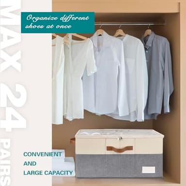 RONCHIL Shoe Organizer for Closet, Foldable Shoe Storage Bins with Clear Cover, Space Saving Shoes Holder with 4 Handles, Large Adjustable Shoe Box Storage Containers, Fits 12-24 Pairs, 2 Pack, Beige - Image 2