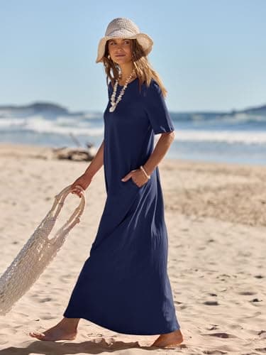 MEROKEETY Women's 2025 Summer Maxi Dress Casual Short Sleeve Beach Vacation Crewneck Basic Long T Shirt Dresses, Navy, X-Large - Image 2