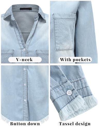 Zilcremo Women Denim Shirt Dresses Long Sleeve Distressed Jean Dress Button Down Casual Tunic Top Lightblue S - Image 4