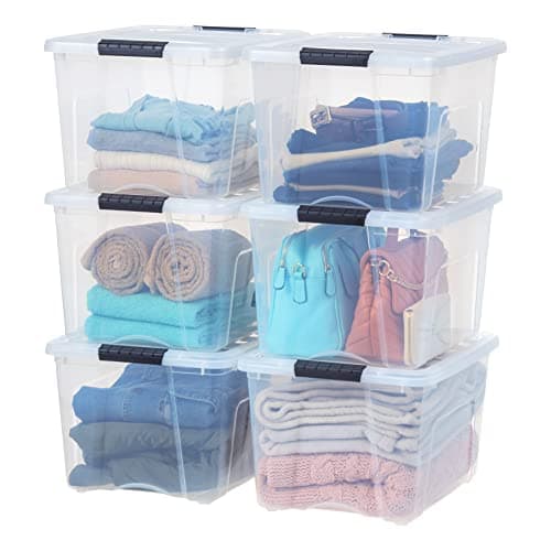IRIS USA 40 Qt Stackable Plastic Storage Bins with Lids, 6 Pack - BPA-Free, Made in USA - See-Through Organizing Solution, Latches, Durable Nestable Containers, Secure Pull Handle - Clear - Image 1
