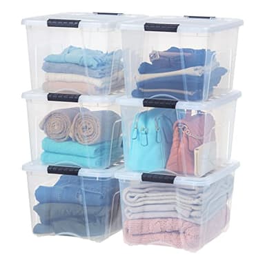 IRIS USA 40 Qt Stackable Plastic Storage Bins with Lids, 6 Pack - BPA-Free, Made in USA - See-Through Organizing Solution, Latches, Durable Nestable Containers, Secure Pull Handle - Clear - Image 1