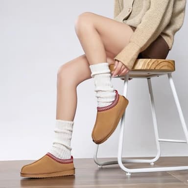 Meik Mangni Women's Slippers Genuine Suede Platform Mini Boots Mens Faux Fur Warm Lining Winter Mules Cozy Warm House Shoes Indoor and Outdoor,Khaki 8.5 US - Image 7