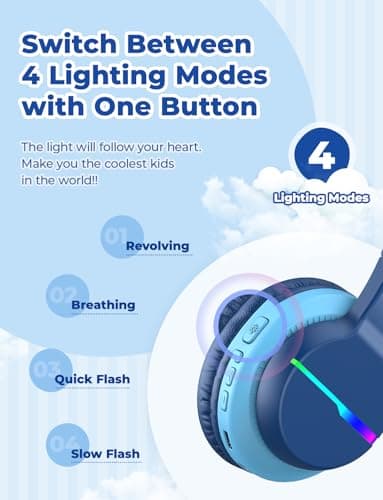 iClever BTH12 Kids Bluetooth Headphones,Colorful LED Lights Kids Headphones Wireless,74/85dBA Safe Volume,85H Playtime,Fast Charging,Bluetooth 5.2,Over Ear,Built-in Mic for iPad/Tablet/Airplane,Blue - Image 3