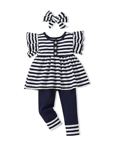 Doresbebe 18-24 Months Baby Clothes Toddler Outfits Floral Shirt Pants Infant Spring Summer Little Girl Clothes DarkBlue+Stripe - Image 1