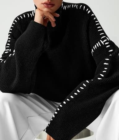 PRETTYGARDEN Women's Chunky Knit Sweaters 2025 Fall Long Sleeve Mock Neck Oversized Pullover Tops Winter Fashion Clothes (Black,Small) - Image 6