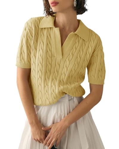 Imily Bela Women's Cable Short Sleeve Sweaters Tops Solid Lapel V Neck Knit Casual Soft Pullover Shirt Yellow - Image 1