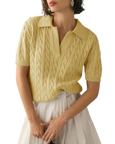 Imily Bela Women's Cable Short Sleeve Sweaters Tops Solid Lapel V Neck Knit Casual Soft Pullover Shirt Yellow - Image 1