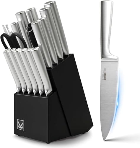Knife Set, 16 Pieces Kitchen Knife Set with Wood Block, Chef Knife with 6 Pieces Steak Knife, High Carbon Stainless Steel Japanese Knives for Multipurpose Cooking - Image 1