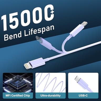 DiHines Phone 14 13 12 11 Fast Charger,10FT Long Fast Charging Lightning Cable with 20W USB C Charger Block for Phone 14/14 Pro Max/13/13 Pro Max/12/12 Pro Max/11/11Pro/XS/Max/XR/X,Purple - Image 6