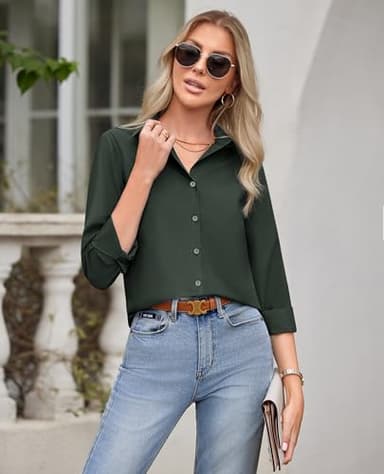 siliteelon Button Down Shirt for Women Wrinkle Free Tops for Ladies Long Sleeve Work Blouses Buisiness Casual Fall Outfits Dark Green - Image 7