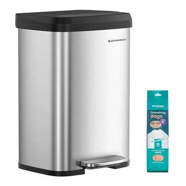 SONGMICS Kitchen Trash Can, 13 Gallon (50 L) Stainless Steel Garbage Can, with Stay-Open Lid and Step-on Pedal, Soft Closure, Tall, Large and Space-Saving, Silver and Black ULTB530E50 - Image 1