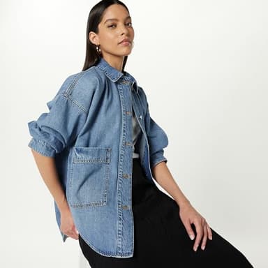 The Drop Women's Pilar Long Denim Shirt Jacket, Medium Indigo, L - Image 3