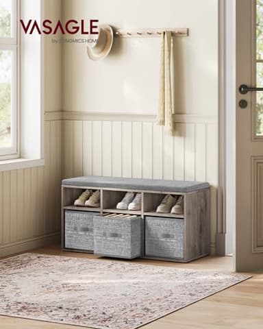 VASAGLE Shoe Bench with Cushion, Shoe Storage Bench with 6 Compartments and 3 Adjustable Shelves, Entryway Bench with 3 Storage Boxes, for Bedroom, Closet, Living Room, Heather Greige ULSB101K01 - Image 2