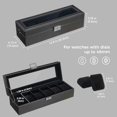ProCase 6 Slot Watch Case Box for Men, PU leather Man Watch Organizer with Soft Pillow, Lockable Watch Collection Storage Holder with Glass Display Lid -AllBlack - Image 5