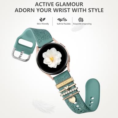 DaQin Flower Engraved Band Compatible with Samsung Galaxy Watch 7 Band/FE 6 5 4 40mm 44mm,Galaxy Active 2, 20mm Watch Band Soft Silicone Replacement Strap with Decorative Charms Accessories Women - Image 4