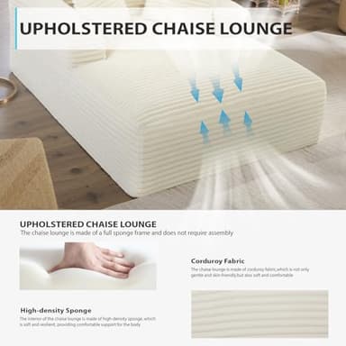 67 Inch Chaise Lounge Chair Indoor, Oversized Corduroy Upholstered Boneless Sofa Bed, Deep Seat Sleeper Couch Reading Chairs, Cloud Sofas Couches for Living Room, No Assembly Required (Beige) - Image 5