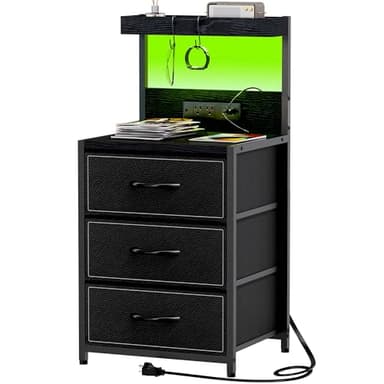 SZLHANJZ LED Nightstand with Charging Station, Night Stand with 3 Drawers and Lights, Storage Side Table with Shelf and Hooks, Tall End Table for Bedside, Bedroom, Modern Black - Image 1